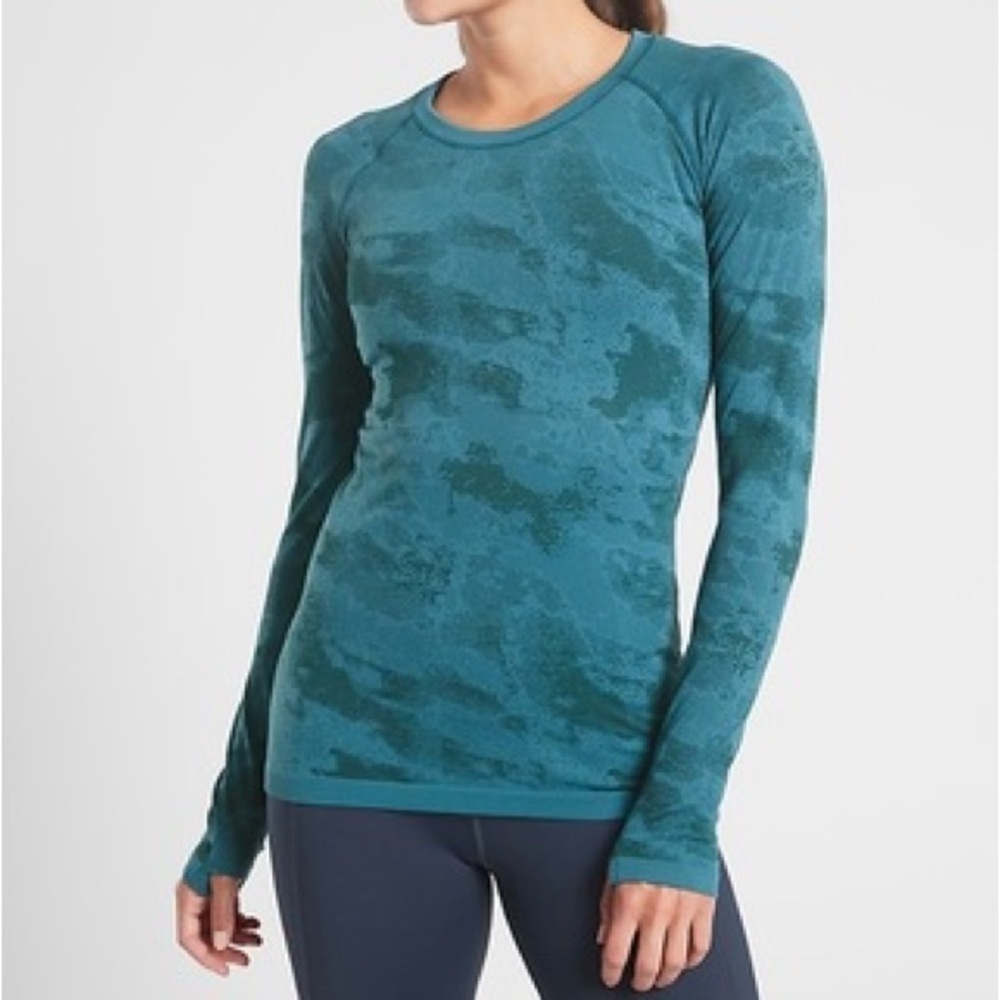 Athleta Momentum Camo Long Sleeve Dark Surf Teal Seamless Top